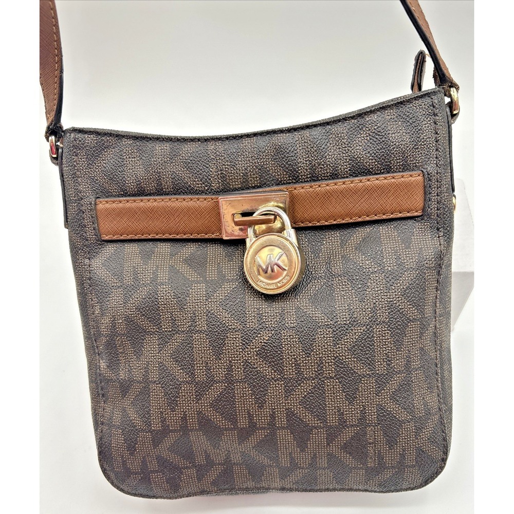 Michael Kors Dark Brown Signature Coated Canvas Padlock Crossbody Bag